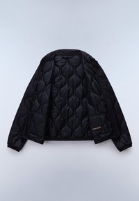Black quilted jacket with a puffy texture, featuring a zip closure and a small side pocket with a logo. Wide sleeves and rounded collar.