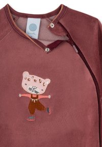 Mauve Sweatshirt mit weicher Textur, featuring ein gesticktes Cartoon-Tier in Pink und Braun in einer verspielten Pose. Beinhaltet einen Druckknopf- und Reißverschluss.