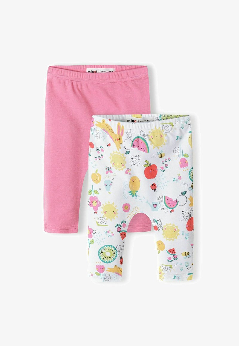 Két pár gyerek leggings: az egyik egyszínű rózsaszín, a másik fehér színes gyümölcs- és karaktermintákkal. Puha pamut anyag, rugalmas derékrészekkel.