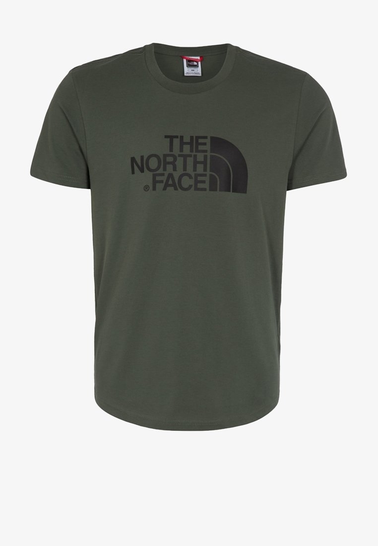 T-shirt en coton vert olive à manches courtes, col rond, avec un logo noir imprimé sur le devant. Texture lisse et coupe standard.