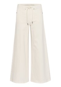 Pantaloni a gamba larga in denim bianco sporco, con vita regolabile, tasche laterali e dettagli hardware minimi. Texture liscia in tutto il capo.
