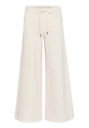 Kalhoty s širokými nohavicemi v barvě off-white z denimu, s elastickým pasem na šňůrku, bočními kapsami a minimálním počtem kovových detailů. Hladká textura po celé ploše.