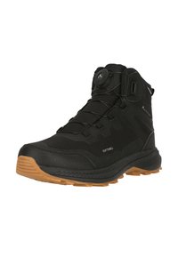 Musta pehmeäpohjainen vaelluskengät, joissa on kumipohja, teksturoidut yksityiskohdat ja virtaviivainen muotoilu. Varustettu säätönuppijärjestelmällä turvallista istuvuutta varten.