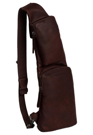 Braune Lederschultertasche mit strukturierter Oberfläche, ausgestattet mit einer Reißverschlusstasche oben und einem zusätzlichen größeren Reißverschlussfach. Verstellbarer Riemen.