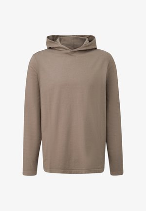 Taupe-farbene Kapuzenshirt mit langen Ärmeln, aus weichem Material, mit lockerer Passform und minimaler Nahtgestaltung.