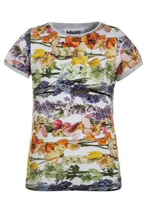 Bloemmotief T-shirt met korte mouwen, gemaakt van lichtgewicht katoen, met levendige meerkleurige bloemen op een witte achtergrond.