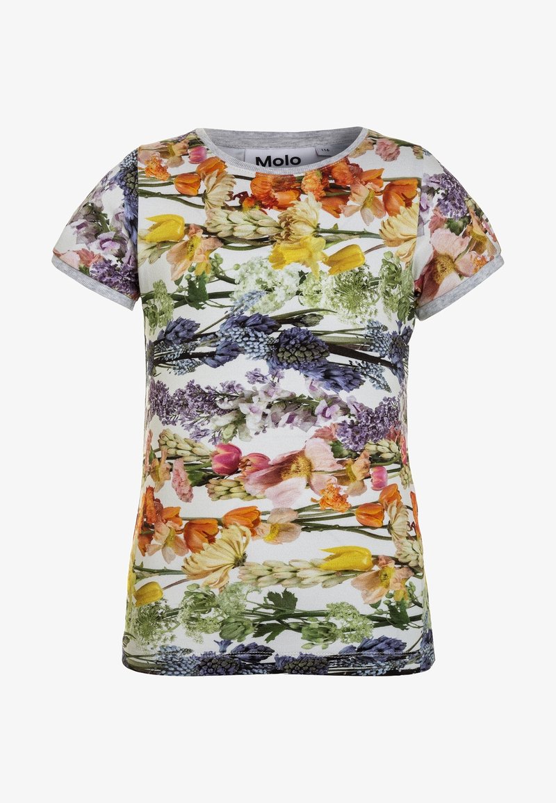 Blomstret t-shirt med korte ærmer, letvægts bomulds materiale, med livlige flerfarvede blomster på en hvid baggrund.