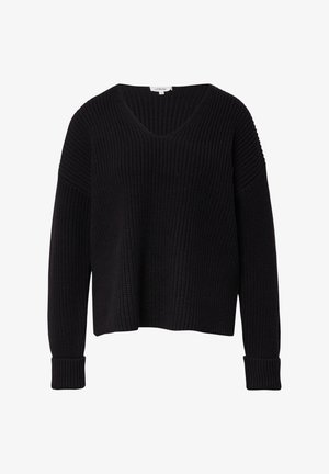 Czarny dzianinowy sweter z długim rękawem, dekoltem w serek i ściągaczami przy mankietach, o luźniejszym kroju i teksturowanym pionowym wzorze.