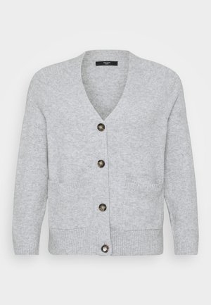 Light gray cardigan with a V-neck, five buttons down the front, and two front pockets. Soft texture, set against a plain white background.