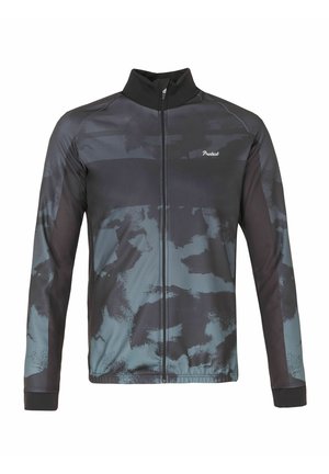 Schwarz und türkis gemusterte Sportjacke mit hohem Kragen, durchgehendem Reißverschluss, langen Ärmeln und elastischen Bündchen; aus leichtem, dehnbarem Material gefertigt.