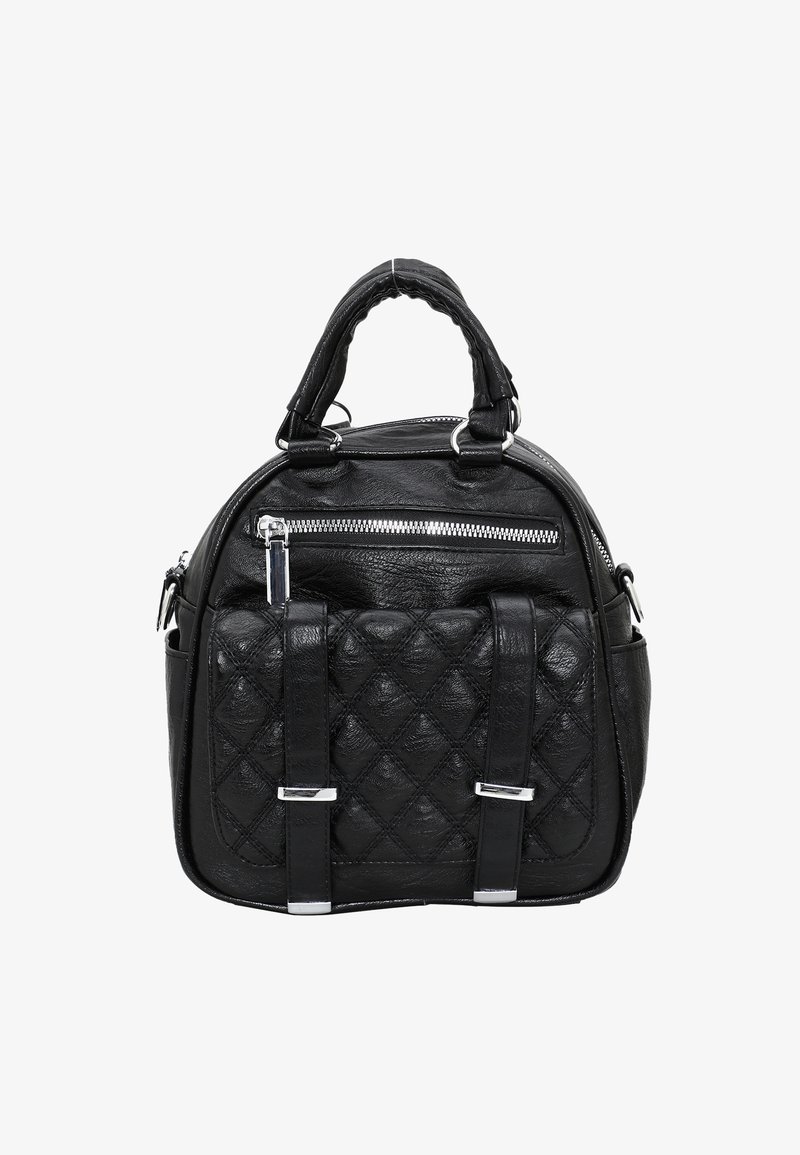 Schwarze Leder-Handtasche mit gesteppter Textur, silberner Reißverschluss, zwei oberen Tragegriffen und einer vorderen Reißverschlusstasche. Akzentuiert mit metallischen Beschlägen.