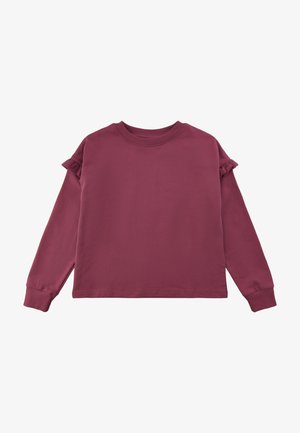 Sweatshirt bordeaux à manches longues avec un col côtelé et des accents de volants sur les épaules. Tissu doux, coupe décontractée et design à ourlet droit.