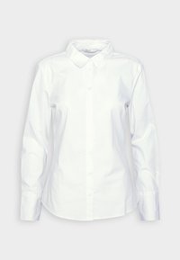 Camisa blanca de manga larga con botón y cuello clásico, hecha de una tela fresca, con un diseño ajustado y sin patrones visibles.