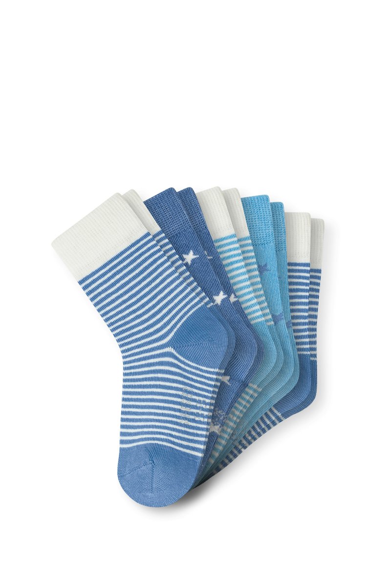 Set aus sechs Socken in verschiedenen Blau- und Farbnuancen, mit Streifen- und Sternmustern. Das Material scheint ein Baumwollmix mit gerippten Bündchen zu sein.