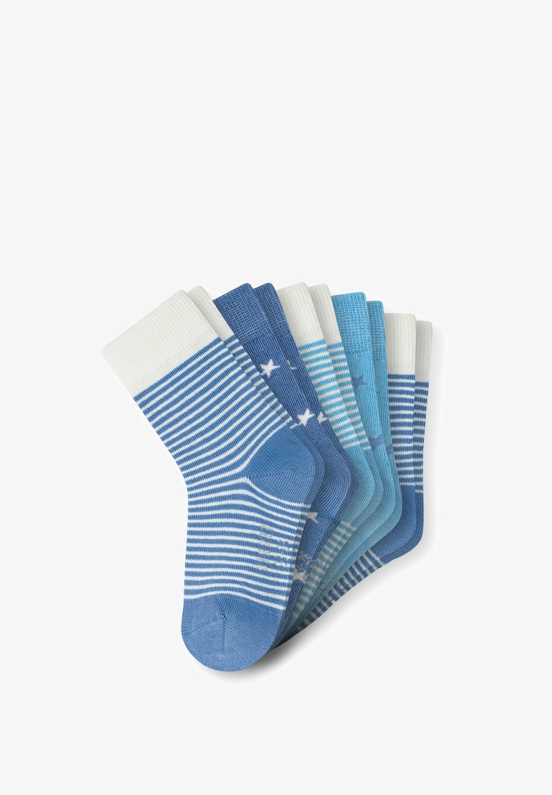 Set aus sechs Socken in verschiedenen Blau- und Farbnuancen, mit Streifen- und Sternmustern. Das Material scheint ein Baumwollmix mit gerippten Bündchen zu sein.