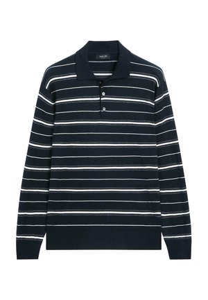 Long-sleeve polo shirt in navy with horizontal white and light gray stripes, featuring a three-button placket and a classic collar.