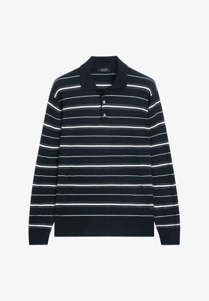 Long-sleeve polo shirt in navy with horizontal white and light gray stripes, featuring a three-button placket and a classic collar.