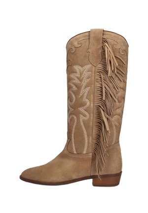 Tan suede Western-style knee-high boot with stitched decorative patterns and long fringe along the side.