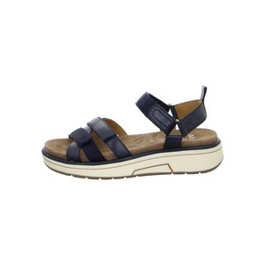 Navy blue open-toe sandal with adjustable straps, cushioned brown footbed, and thick white sole with brown accents.