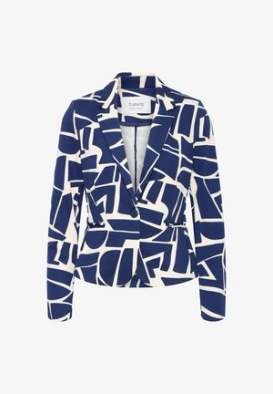 Navy blue blazer with a white abstract geometric pattern, featuring a notched collar, single button closure, and dual front pockets.