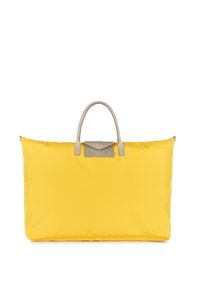 Borsa tote gialla in nylon con una texture liscia, dotata di un accento in pelle grigia e due manici superiori per un facile trasporto.