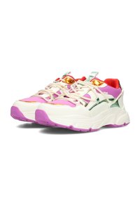 Sneakers bianche con dettagli rosa e verde, dotati di lacci, una suola intermedia testurizzata e dettagli metallici. Punta arrotondata e colletto imbottito.