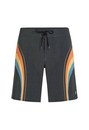 Črne kopalne hlače z vrvico v pasu, z vodoravnimi črtami v oranžni, rumeni in modri barvi ob straneh. Mehak tekstilni material.