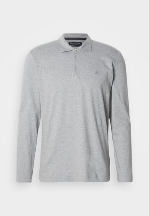 Siva polo majica z dolgimi rokavi iz mehkega blaga, z oblogami z zadrgo do polovice, klasičnim ovratnikom in majhnim logotipom na prsih.