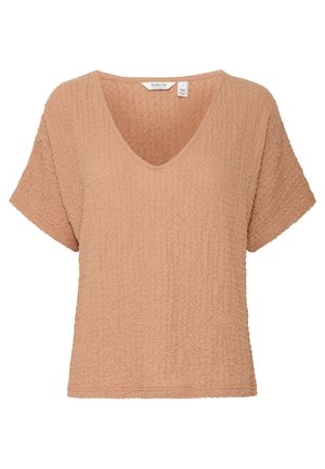 Korte mouwen, V-hals top in een lichtbruine, gestructureerde stof met een gekreukt uiterlijk en een losse, ontspannen pasvorm.