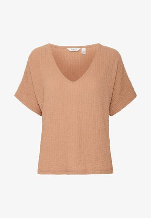 Haut à manches courtes, en V, en tissu texturé de couleur brun clair avec une finition froissée et une coupe ample et décontractée.