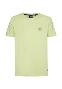 T-shirt a maniche corte giallo chiaro in cotone, con un piccolo logo circolare sul lato sinistro del petto e collo a giro.
