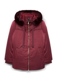 Bordowa kurtka puchowa z futrzanym kapturem, dwoma przednimi kieszeniami, sznurkiem ściągającym i złotym zamkiem błyskawicznym. Gładka tekstura z lekko błyszczącym wykończeniem.