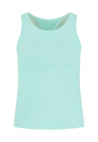 Mintgroene tanktop gemaakt van zachte stof. Kenmerkt zich door een ronde halslijn, dunne bandjes en een licht gebogen zoom. Minimalistische branding aan de onderkant.