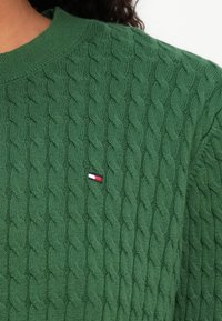 Žalias mezgimas megztinis su kabelių tekstūra ir mažu raudonu, baltu ir mėlynu logotipu kairėje pusėje. Klasikinis apvalus kaklo iškirpimas.