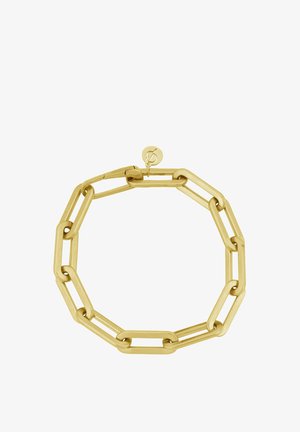 Zlatá náramková súprava s prepojenými predĺženými obdĺžnikovými článkami, ktoré sú spojené guľatými spojmi, zaistená okrúhlym zapínaním na zadnej strane.