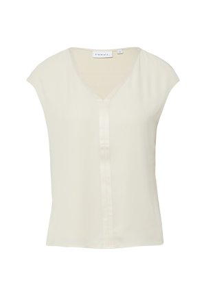 Ärmellose elfenbeinfarbene Bluse mit V-Ausschnitt und zentraler Falte, leichter Stoff und Markenetikett "Comma" am Kragen.