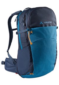 Zaino con una combinazione di colori blu e nero, caratterizzato da una finitura testurizzata, una tasca anteriore con zip, spallacci regolabili e una tasca laterale in rete.