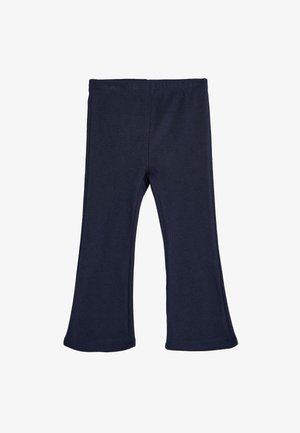 Marineblauwe geribbelde flared leggings met een comfortabele tailleband, voorzien van een gladde textuur en een aansluitend ontwerp dat uitloopt bij de zoom.