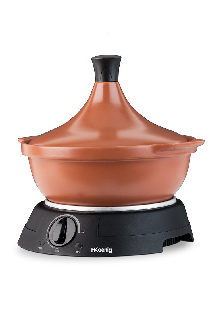 Terrakottatagine mit konischem Deckel auf einer schwarzen Basis. Verfügt über ein Temperaturregelungsrad. Glatte Textur, warme Farbe.