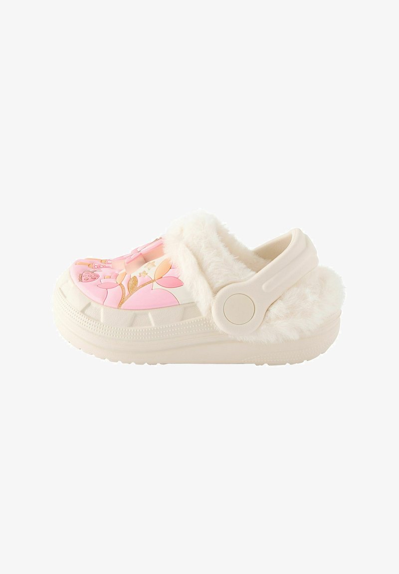 Heledad roosa karvadega puclokad valge tallaga, millel on lilleline disain. Reguleeritav rihm taga, et tagada kindel istuvus. Tekstuuriga pinnad.