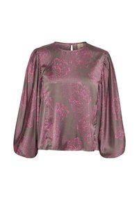 Silk blouse with long, puffed sleeves and a round neckline, featuring a mauve base with pink floral patterns and a subtle textured design.