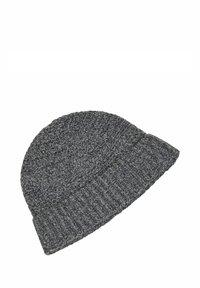 Gray knitted beanie hat with a textured and ribbed design. The fabric appears soft and flexible, featuring a rounded top and folded brim.