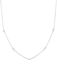 Silver chain necklace featuring five rectangular accents with a clear stone; delicate design with a subtle shine and fine links.