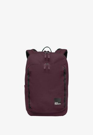 Maroon backpack made of textured fabric, featuring dual zippers, side pockets, and padded straps for comfort. Jack Wolfskin logo on front.