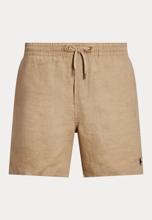 Beige linned-shorts med elastisk talje og justerbar snor. Har et lille broderet logo nederst til venstre på benet.