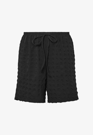Schwarze Shorts aus strukturiertem Stoff mit elastischem Bund und einem vorn in der Mitte gebundenen Kordelzug.