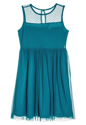 Vestito senza maniche color turchese, lungo fino al ginocchio, con sovrapposizione trasparente a pois su corpetto e gonna, scollatura rotonda e chiusura posteriore con occhiello.
