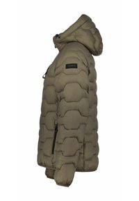 Giacca a vento in verde oliva. Presenta un cappuccio, texture trapuntata, tasche con zip e cerniere laterali per la ventilazione. Realizzata in materiale leggero.