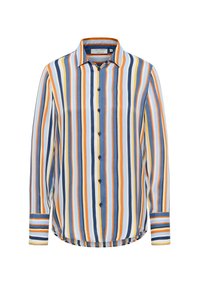 Striped button-up shirt in blue, orange, and yellow. Made of fabric with a smooth texture. Features a classic collar and long sleeves.
