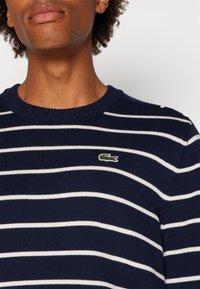 Pull bleu marine à rayures blanches horizontales, avec un col rond et un petit logo crocodile vert et blanc sur la poitrine.